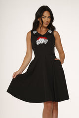 Dia De Los Muertos Skull & Rose Embroidered Skater Dress