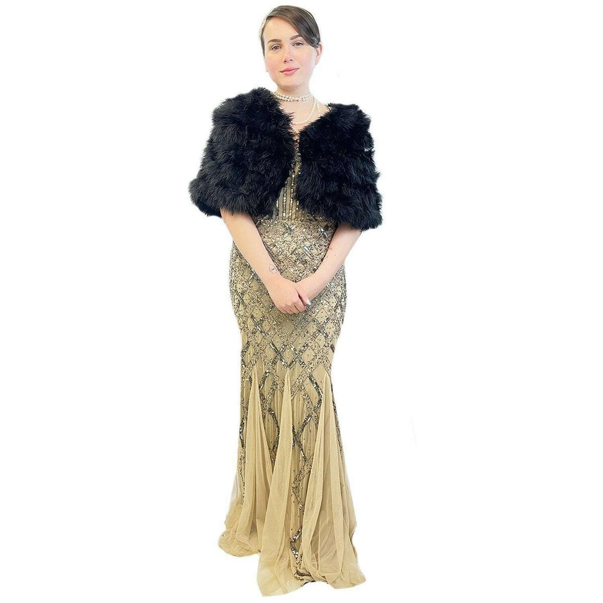 1920s Beige Beaded Evening Gown Women's Costume