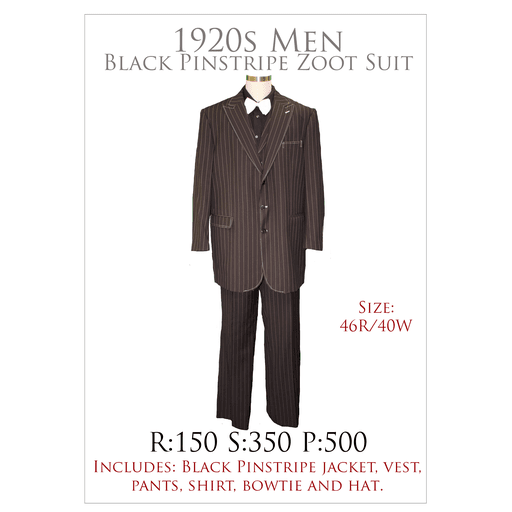 1920s Premium Black Pinstripe Zoot Suit (46R)