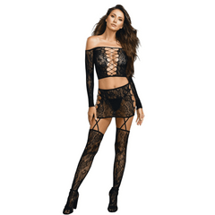 2-Piece Lace Patterned Knit Garter Set w/ Faux Lace Up Detailing & Attached Matching Stockings