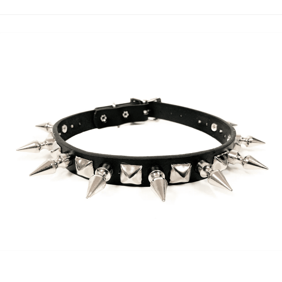 3/4" Black Leather Choker With 1 Row 1" Spikes & 1/2" Pyramids