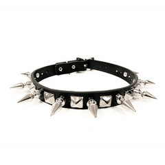 3/4" Black Leather Choker With 1 Row 1" Spikes & 1/2" Pyramids