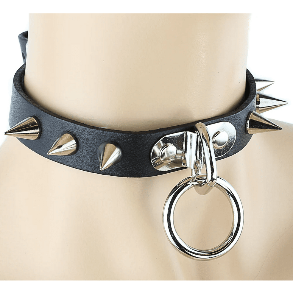 3/4" Black Leather Choker with Small Cone Spikes and 1" Loop and Ring