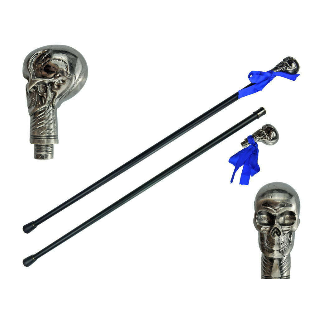 37" Skull Handle Blue Ribbon Walking Cane