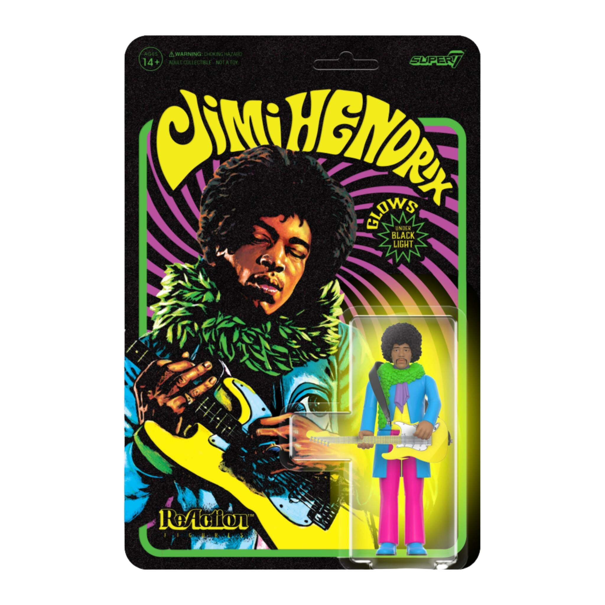 3.75" Jimi Hendrix Blacklight Reactive ReAction Collectible Action Figure & Guitar