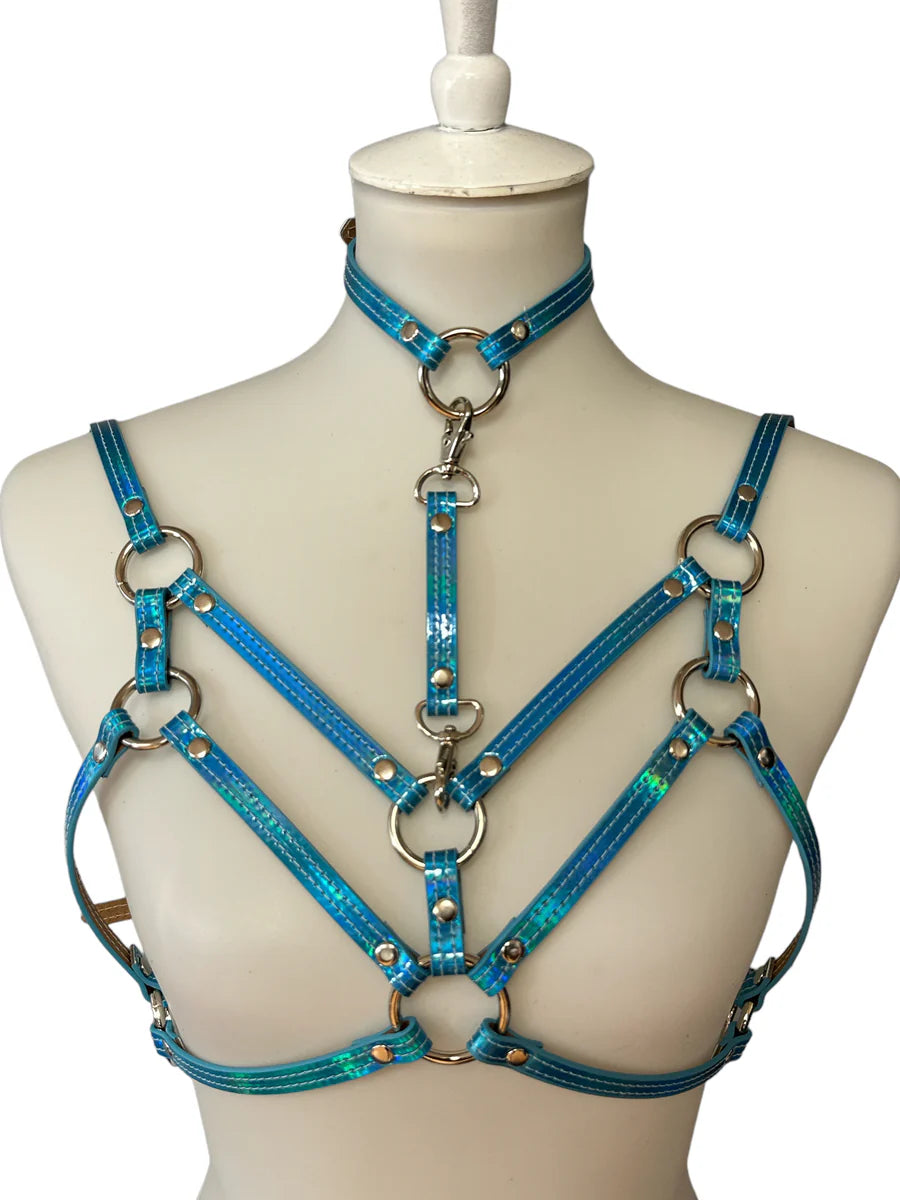 Holographic Double Strap Bra Harness & Choker Set