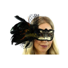 Black & Gold Masquerade Mask w/ Lace & Feathers