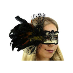 Black & Gold Masquerade Mask w/ Lace & Feathers