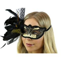 Black & Gold Masquerade Mask w/ Lace & Feathers