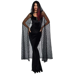 Black Gothic Lace Adult Cape w/ Ribbon Front & Hood