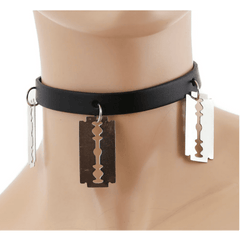 Black Leather Choker with 3 Large Razor Blades