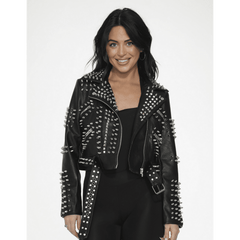 Black Leather Diamond & Spike Studded Moto Jacket