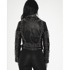 Black Leather Diamond & Spike Studded Moto Jacket