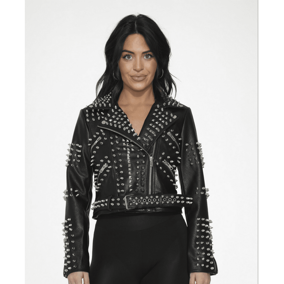 Black Leather Diamond & Spike Studded Moto Jacket