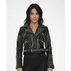 Black Leather Diamond & Spike Studded Moto Jacket