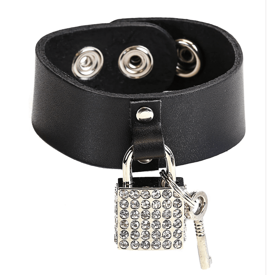 Black Leather Snap Bracelet with Rhinestone Lock