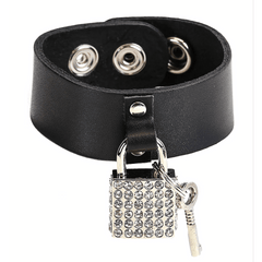 Black Leather Snap Bracelet with Rhinestone Lock