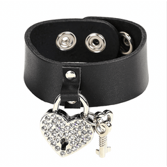 Black Leather Snap Bracelet with Rhinestone Lock