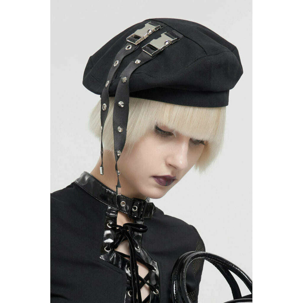 Black Parisian Style Beret Hat with Double Side Buckle