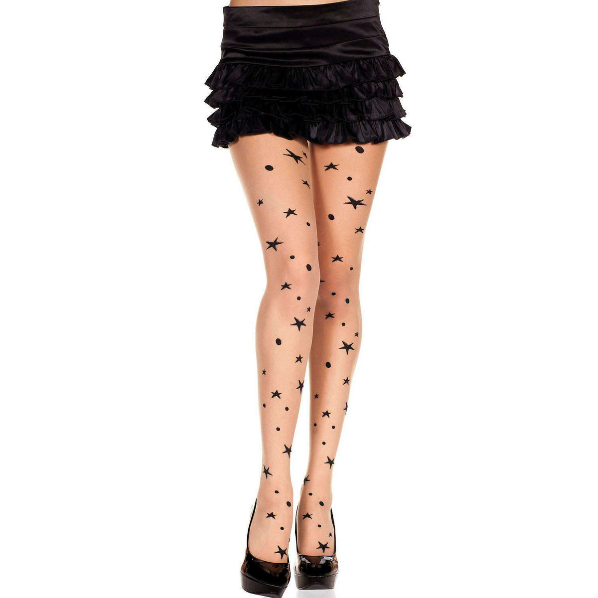 Black Star Print Spandex Nude Beige Pantyhose