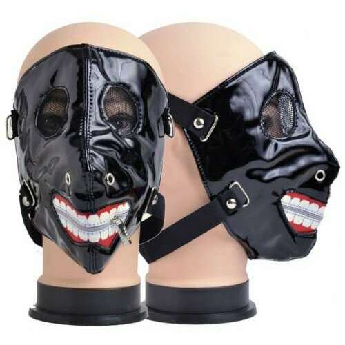 Black Vinyl Full Face Mask with Crazy Grin and Metal Spikes