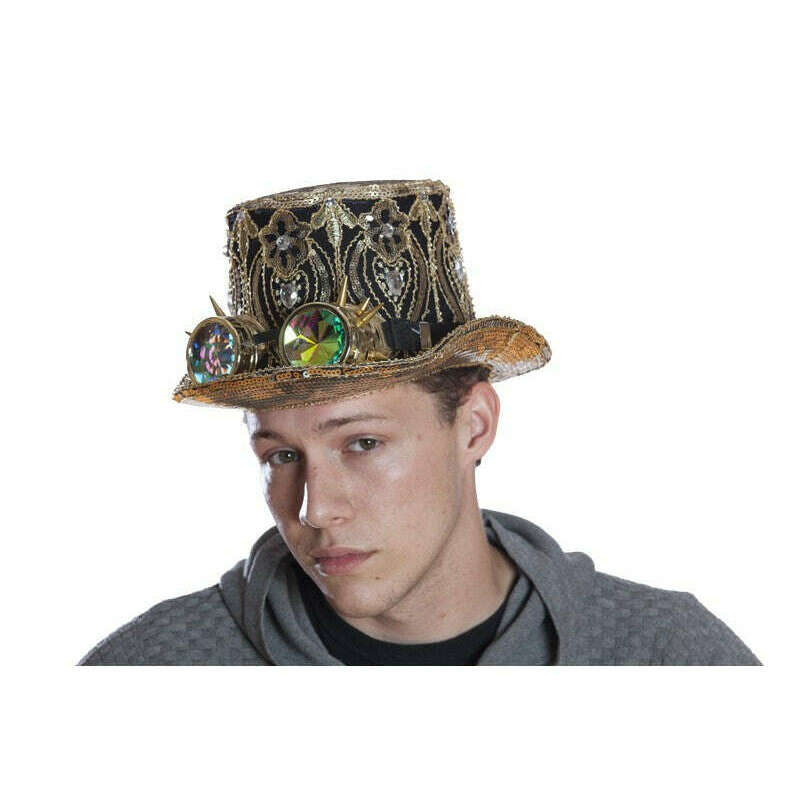 Burning Man Peacock Gold Sequin Top Hat w/ Spiked Goggles