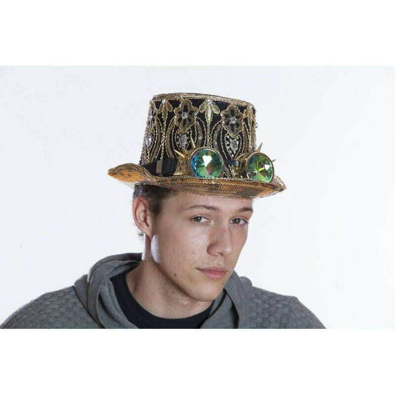 Burning Man Peacock Gold Sequin Top Hat w/ Spiked Goggles