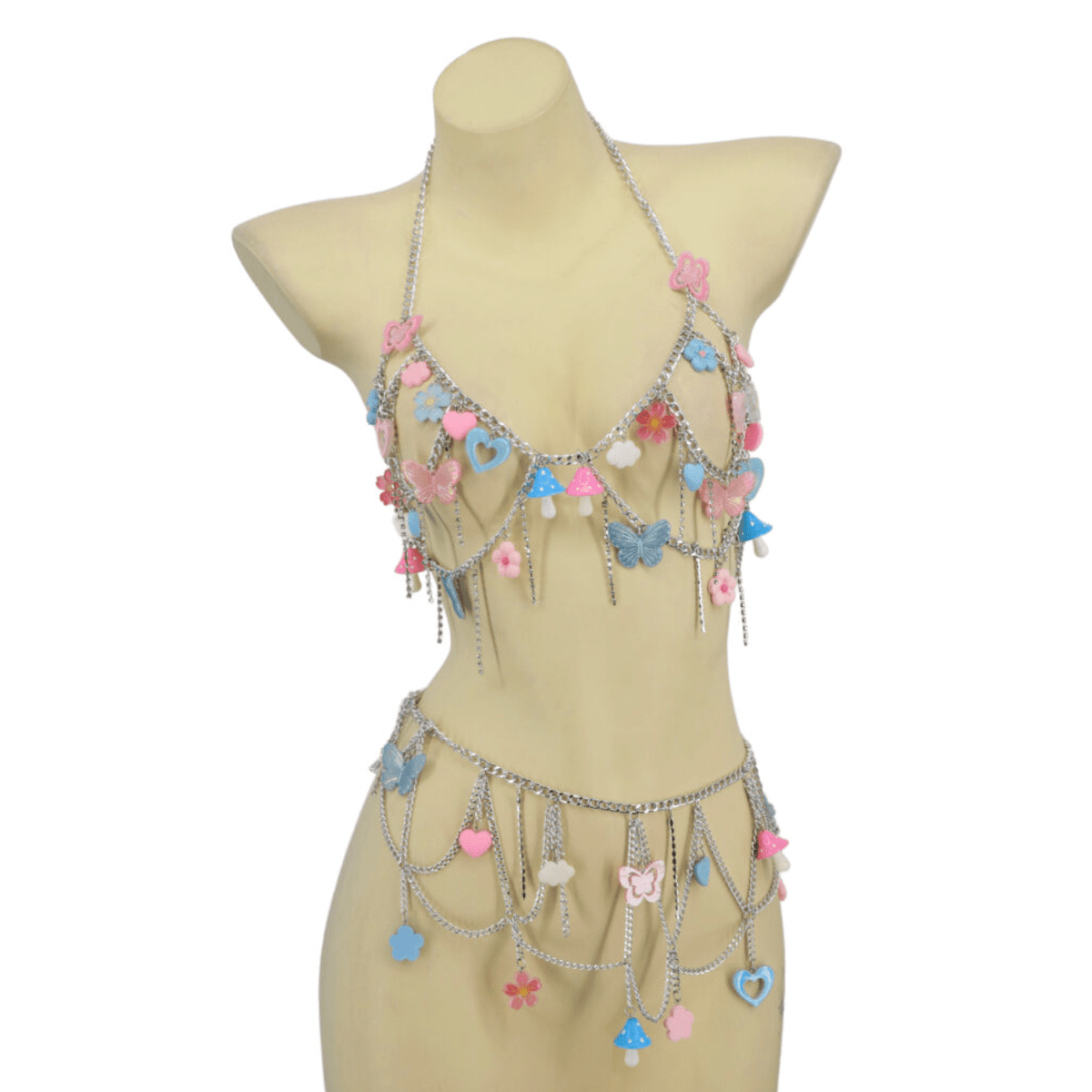 Colorful Fairy Mushroom, Flower And Butterfly Junk Bra & Belt Set