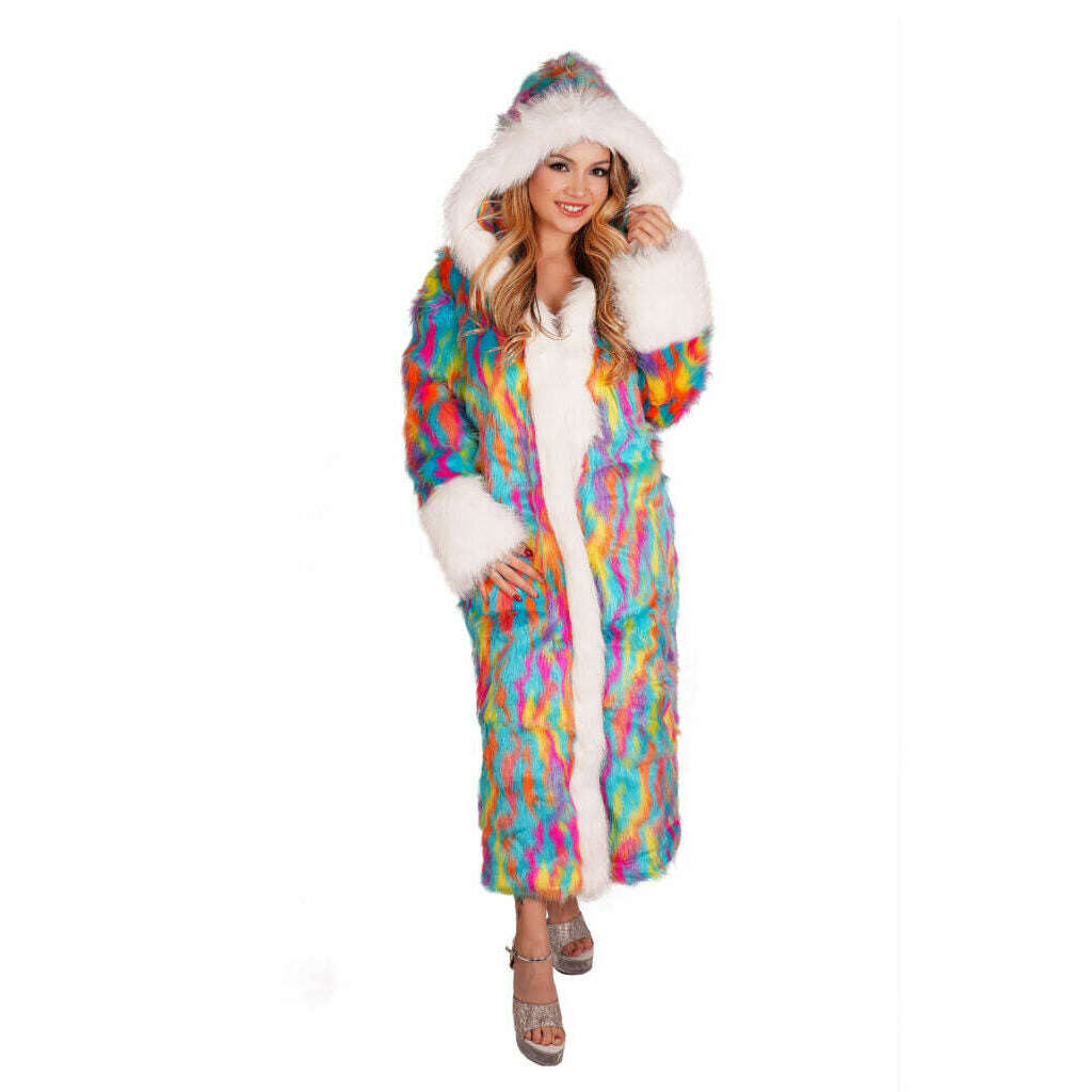 Curious Splatter Tie Dye White Trim Long Faux Fur Coat