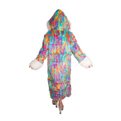 Curious Splatter Tie Dye White Trim Long Faux Fur Coat