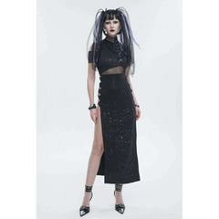 Cyber Goth Mock Neck Mesh Maxi Dress