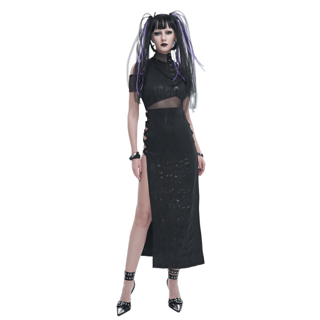 Cyber Goth Mock Neck Mesh Maxi Dress