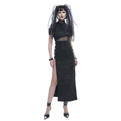 Cyber Goth Mock Neck Mesh Maxi Dress