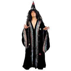 Dark Fantasy Adult Black Sequin Wizard Cloak & Hat