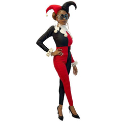 DC Comic Harlequin Jester Adult Costume Jumpsuit w/ Jester Hat and Mask