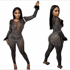 Deep V-Neck Long Sleeve Rhinestone Embellished Jumpsuit