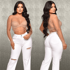 Delicate Pearl Beaded Mesh Long Sleeve Crop Top