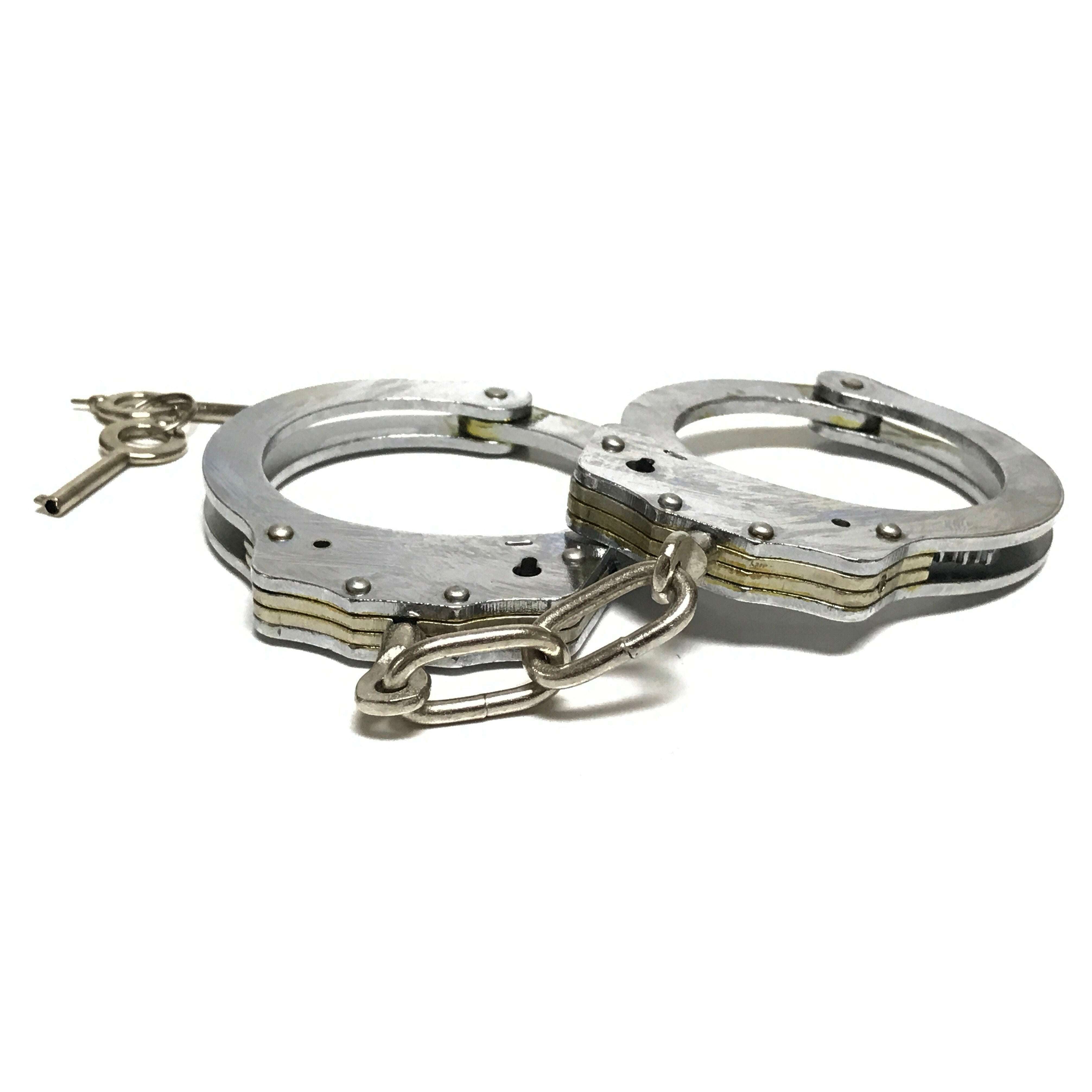 Deluxe Double Lock Stainless Steel Chained Handcuffs with Key - Fully Functional Locking Prop