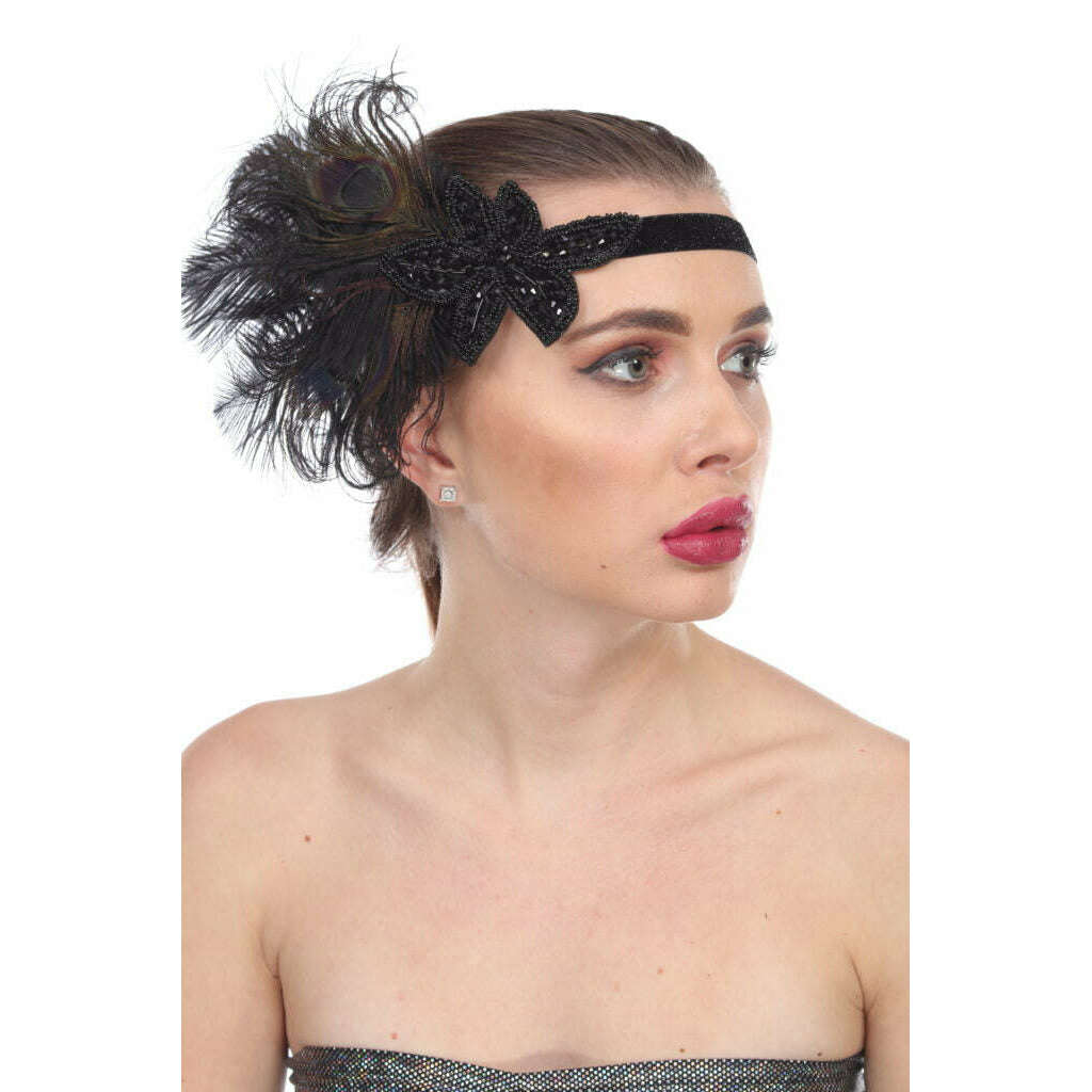 Fancy Flapper Headband with Large Peacock Feather