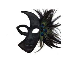 Half Face Venetian Style Mask w/ Feathers in Black