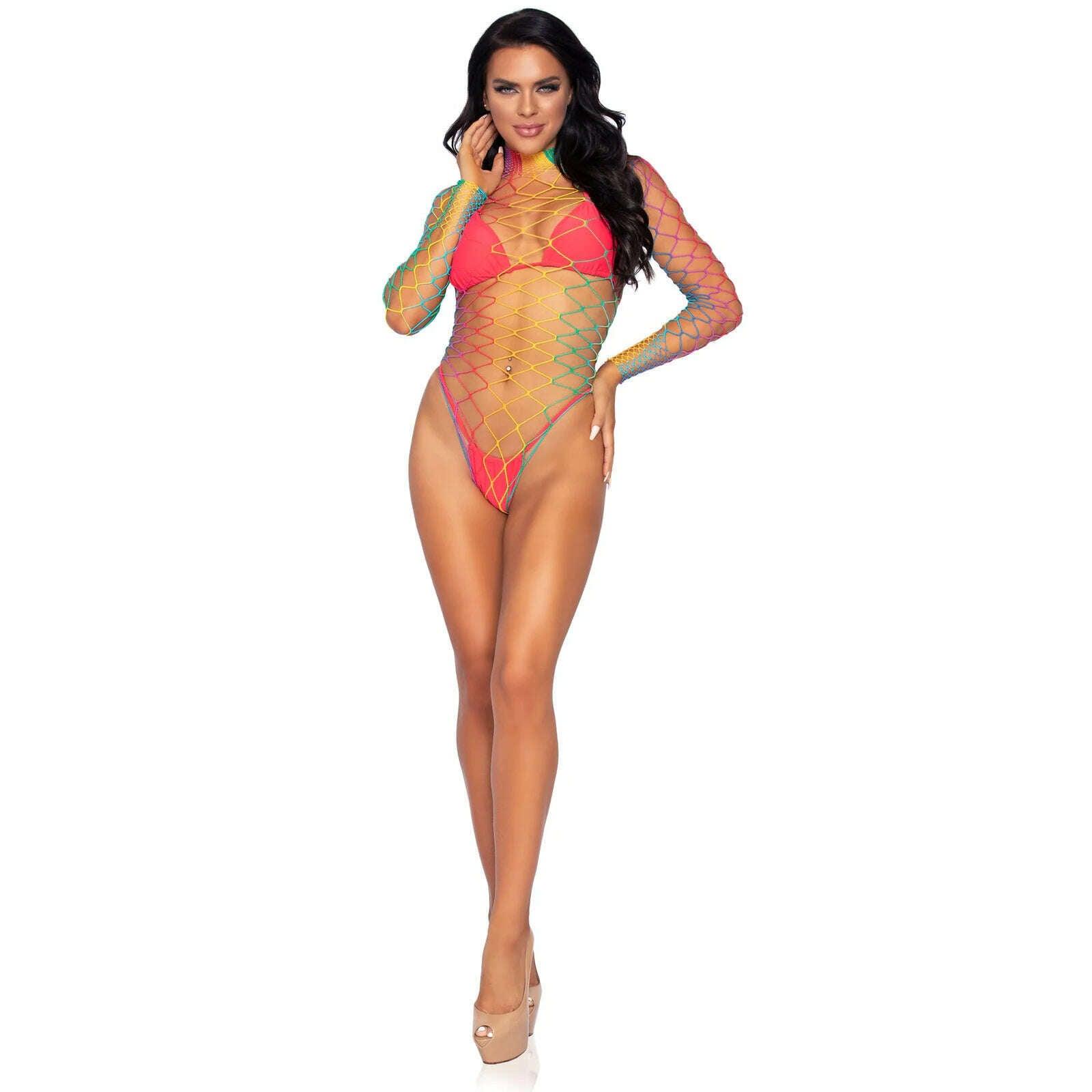 High Neck Rainbow Fishnet Bodysuit