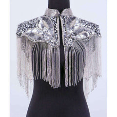 Icy Silver Beaded Fringe Collared Shawl