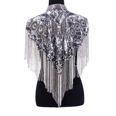 Icy Silver Beaded Fringe Collared Shawl