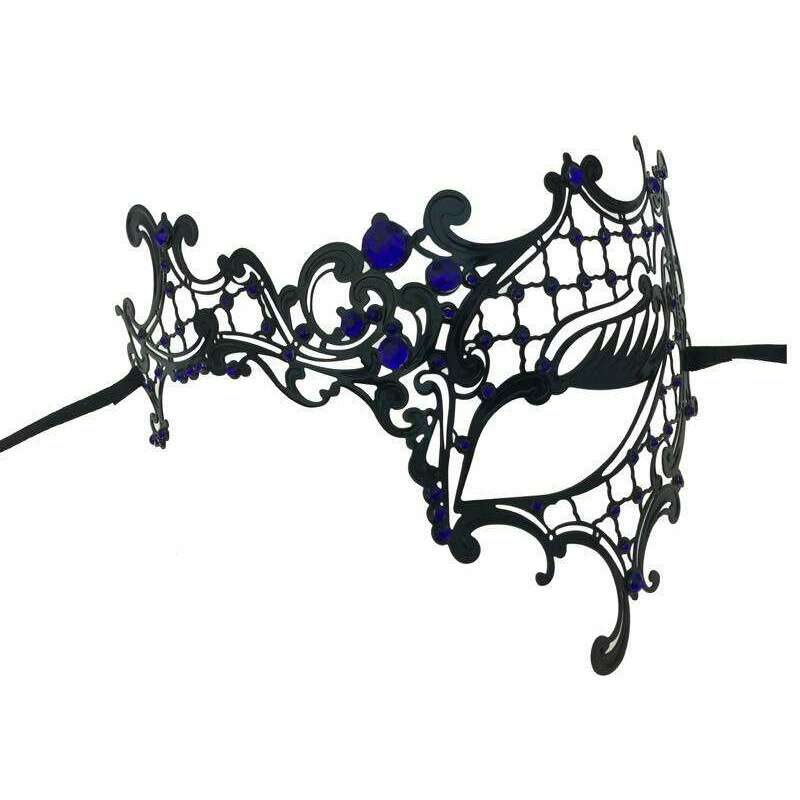 Laser Cut Left Eye Mask with Blue Crystals in Black