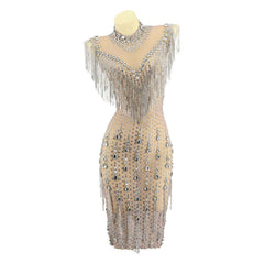 Lavish Rhinestone Fringe Collar Nude Dress