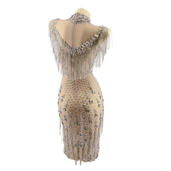 Lavish Rhinestone Fringe Collar Nude Dress