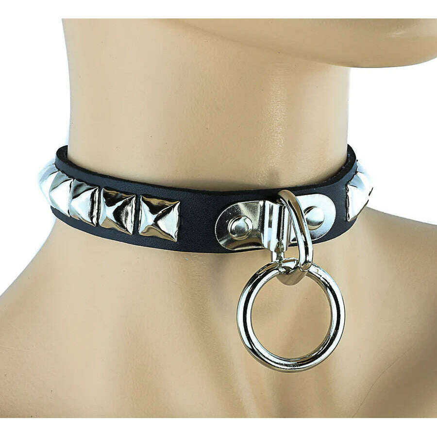 Leather Bondage Ring Pyramid Stud Choker