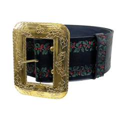 Leather Santa Belt w/ Red & Green Holly