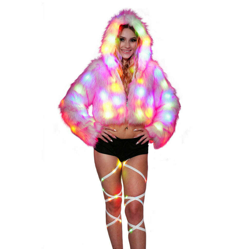 LED Faux Fur Cropped Hooded Jacket