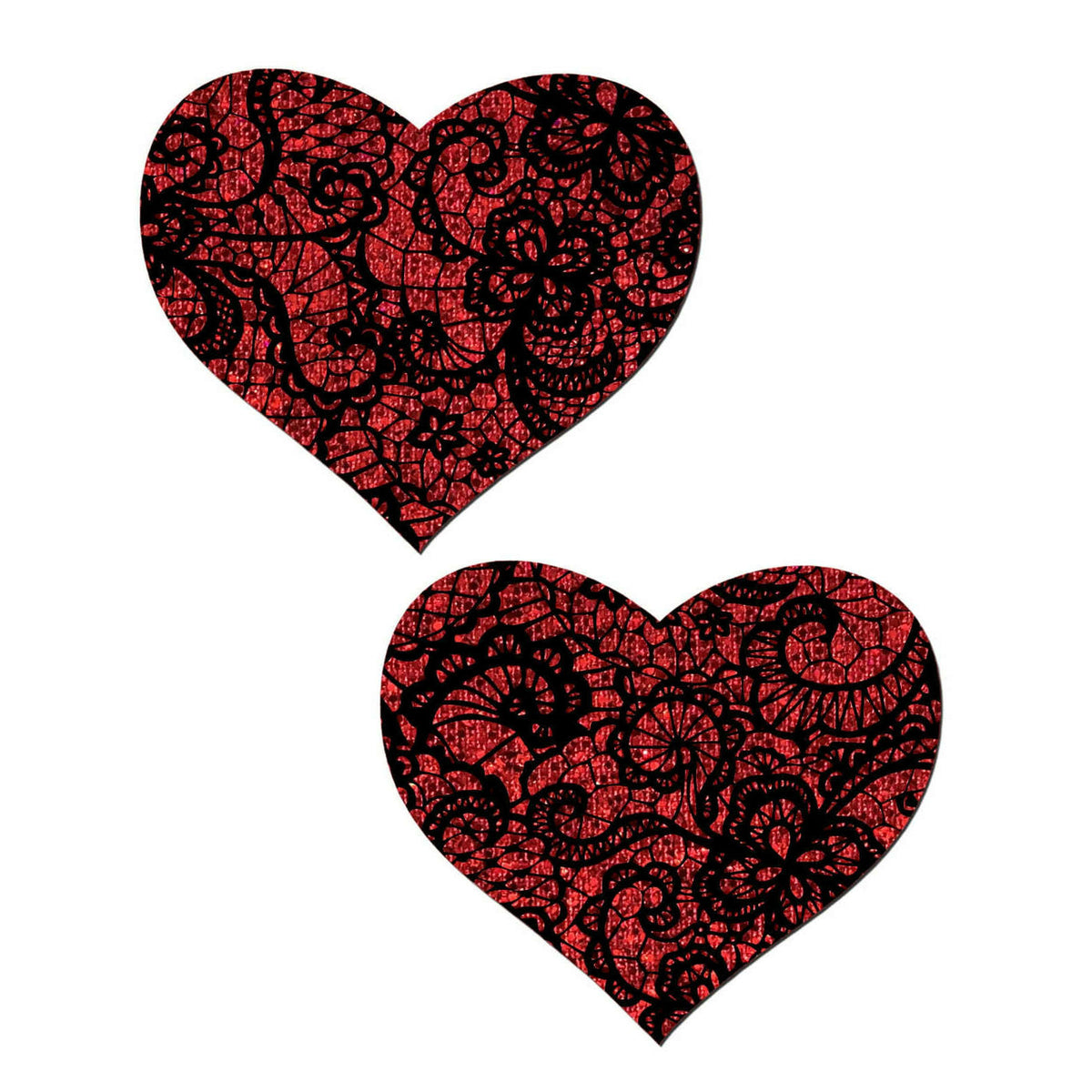 Love: Red Glitter with Black Lace Heart Nipple Pasties